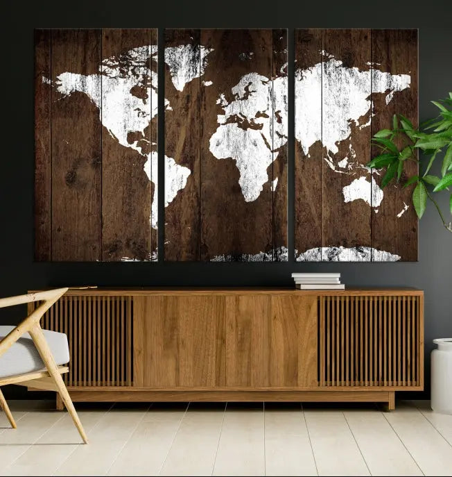 A striking wall art piece, the "Wall Art White World Map on Wooden Background Canvas Wall Art Print," adorns wooden panels. This expertly crafted triptych features a UV-protective coating for lasting vibrancy.