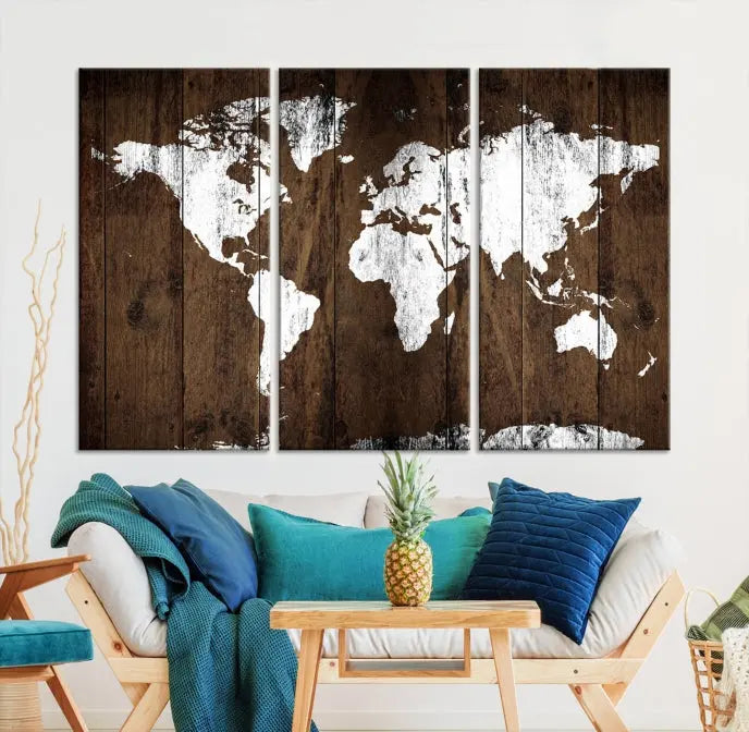 A striking wall art piece, the "Wall Art White World Map on Wooden Background Canvas Wall Art Print," adorns wooden panels. This expertly crafted triptych features a UV-protective coating for lasting vibrancy.