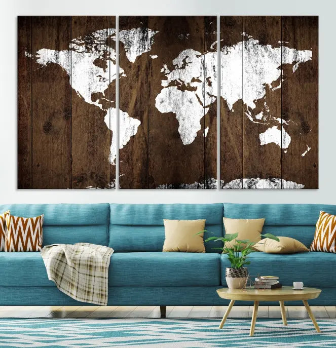 A striking wall art piece, the "Wall Art White World Map on Wooden Background Canvas Wall Art Print," adorns wooden panels. This expertly crafted triptych features a UV-protective coating for lasting vibrancy.