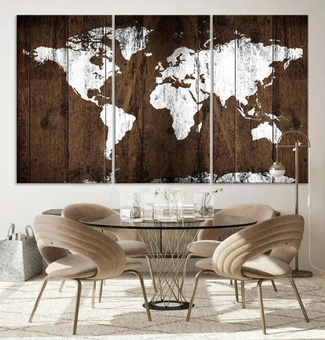 A striking wall art piece, the "Wall Art White World Map on Wooden Background Canvas Wall Art Print," adorns wooden panels. This expertly crafted triptych features a UV-protective coating for lasting vibrancy.