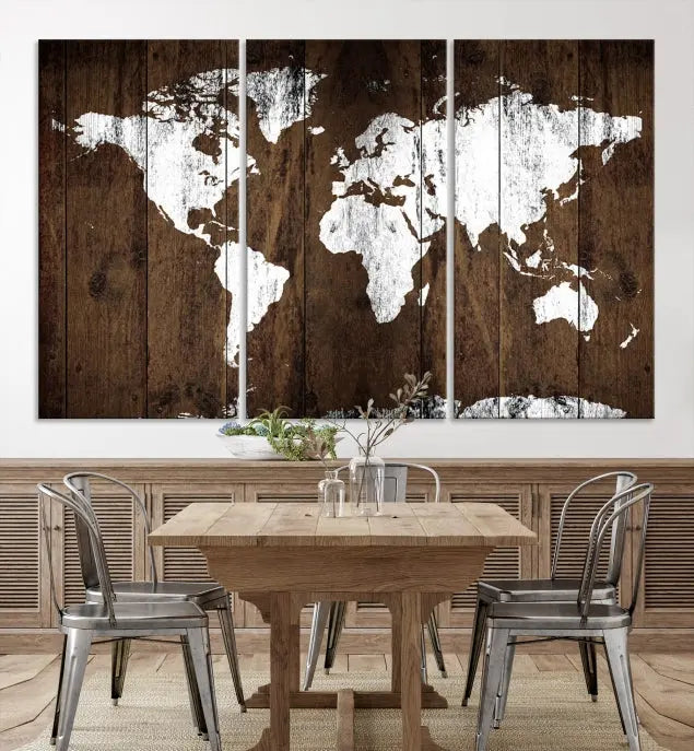 A striking wall art piece, the "Wall Art White World Map on Wooden Background Canvas Wall Art Print," adorns wooden panels. This expertly crafted triptych features a UV-protective coating for lasting vibrancy.