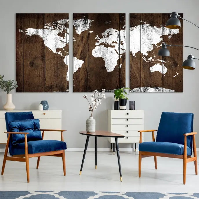 A striking wall art piece, the "Wall Art White World Map on Wooden Background Canvas Wall Art Print," adorns wooden panels. This expertly crafted triptych features a UV-protective coating for lasting vibrancy.