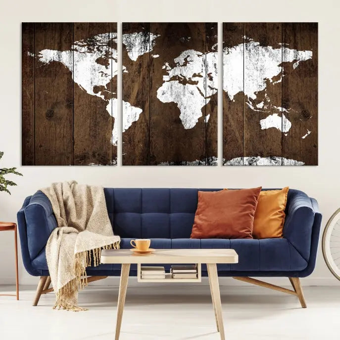 A striking wall art piece, the "Wall Art White World Map on Wooden Background Canvas Wall Art Print," adorns wooden panels. This expertly crafted triptych features a UV-protective coating for lasting vibrancy.