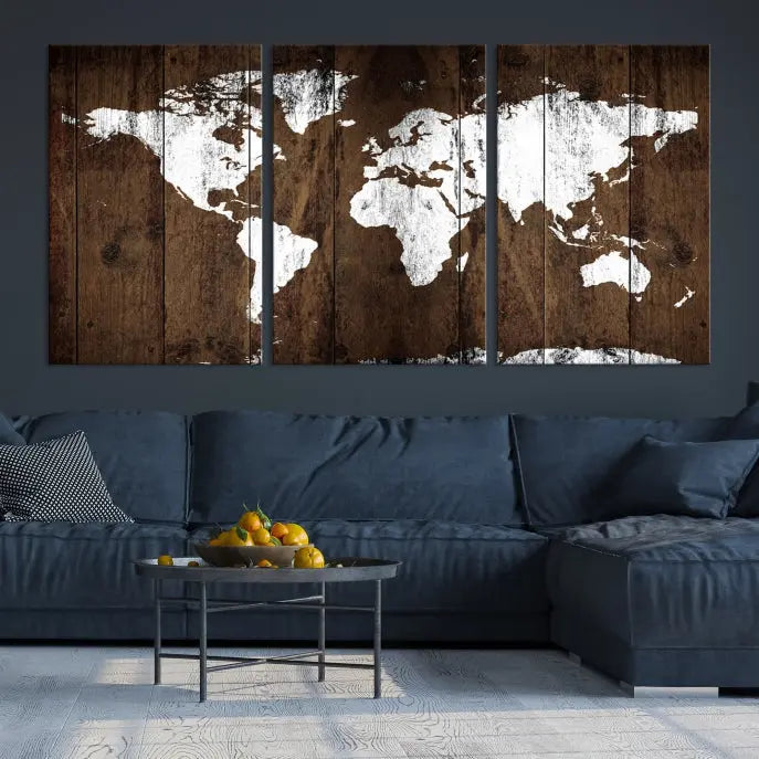 A striking wall art piece, the "Wall Art White World Map on Wooden Background Canvas Wall Art Print," adorns wooden panels. This expertly crafted triptych features a UV-protective coating for lasting vibrancy.