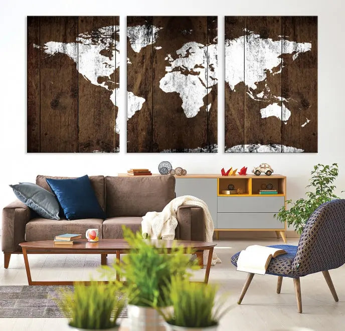 A striking wall art piece, the "Wall Art White World Map on Wooden Background Canvas Wall Art Print," adorns wooden panels. This expertly crafted triptych features a UV-protective coating for lasting vibrancy.