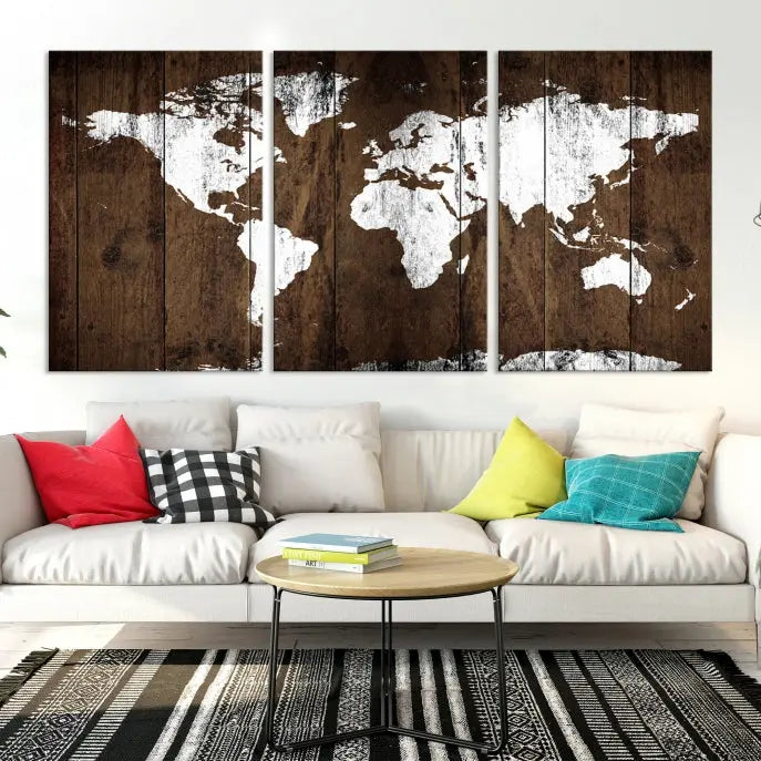 A striking wall art piece, the "Wall Art White World Map on Wooden Background Canvas Wall Art Print," adorns wooden panels. This expertly crafted triptych features a UV-protective coating for lasting vibrancy.