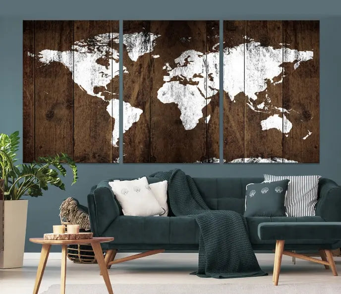 A striking wall art piece, the "Wall Art White World Map on Wooden Background Canvas Wall Art Print," adorns wooden panels. This expertly crafted triptych features a UV-protective coating for lasting vibrancy.