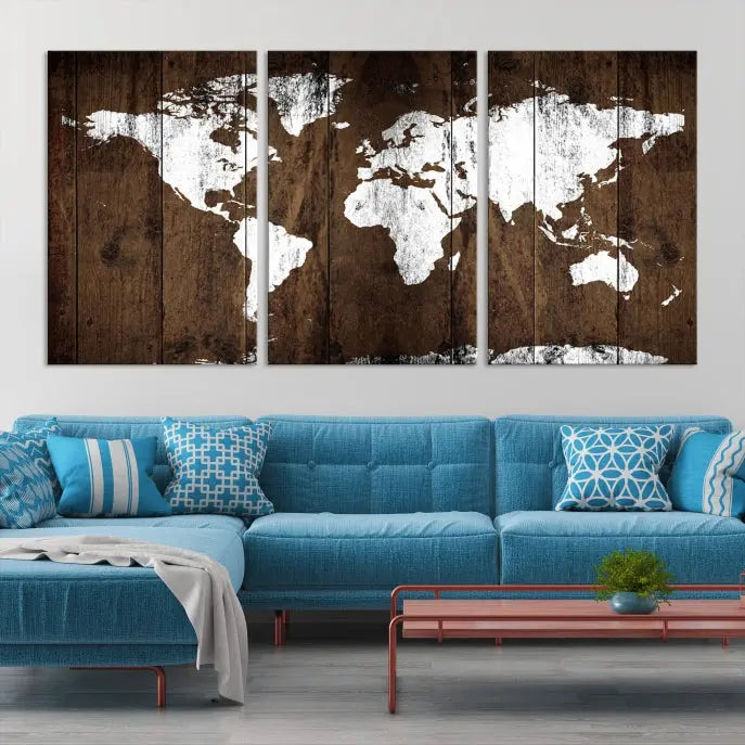 A striking wall art piece, the "Wall Art White World Map on Wooden Background Canvas Wall Art Print," adorns wooden panels. This expertly crafted triptych features a UV-protective coating for lasting vibrancy.