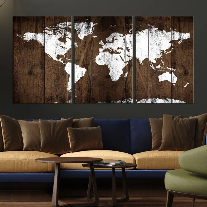 A striking wall art piece, the "Wall Art White World Map on Wooden Background Canvas Wall Art Print," adorns wooden panels. This expertly crafted triptych features a UV-protective coating for lasting vibrancy.