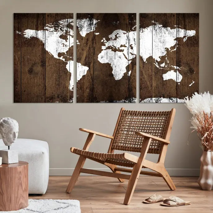 A striking wall art piece, the "Wall Art White World Map on Wooden Background Canvas Wall Art Print," adorns wooden panels. This expertly crafted triptych features a UV-protective coating for lasting vibrancy.