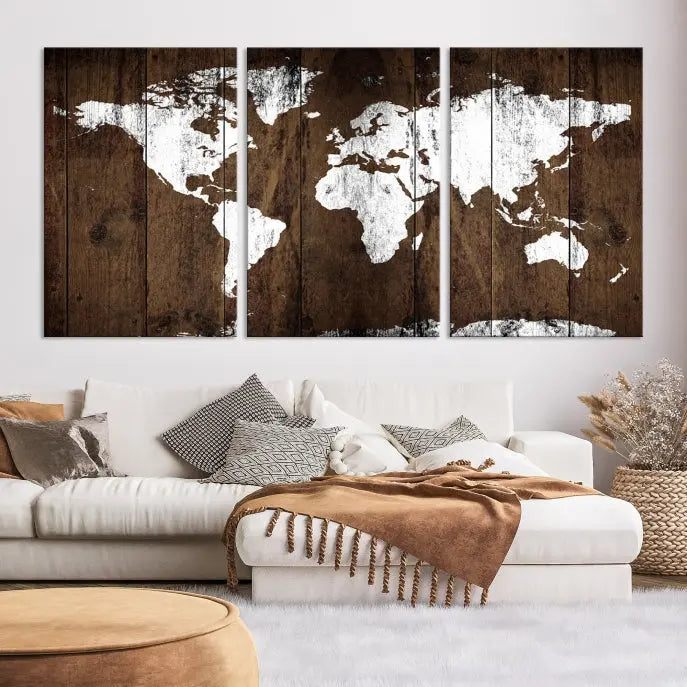 A striking wall art piece, the "Wall Art White World Map on Wooden Background Canvas Wall Art Print," adorns wooden panels. This expertly crafted triptych features a UV-protective coating for lasting vibrancy.