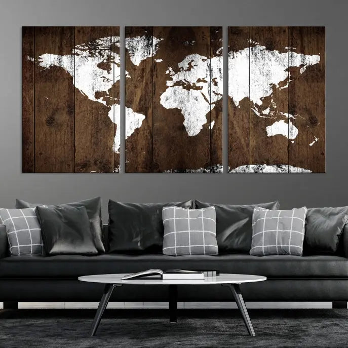 A striking wall art piece, the "Wall Art White World Map on Wooden Background Canvas Wall Art Print," adorns wooden panels. This expertly crafted triptych features a UV-protective coating for lasting vibrancy.