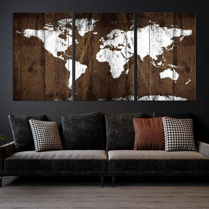 A striking wall art piece, the "Wall Art White World Map on Wooden Background Canvas Wall Art Print," adorns wooden panels. This expertly crafted triptych features a UV-protective coating for lasting vibrancy.