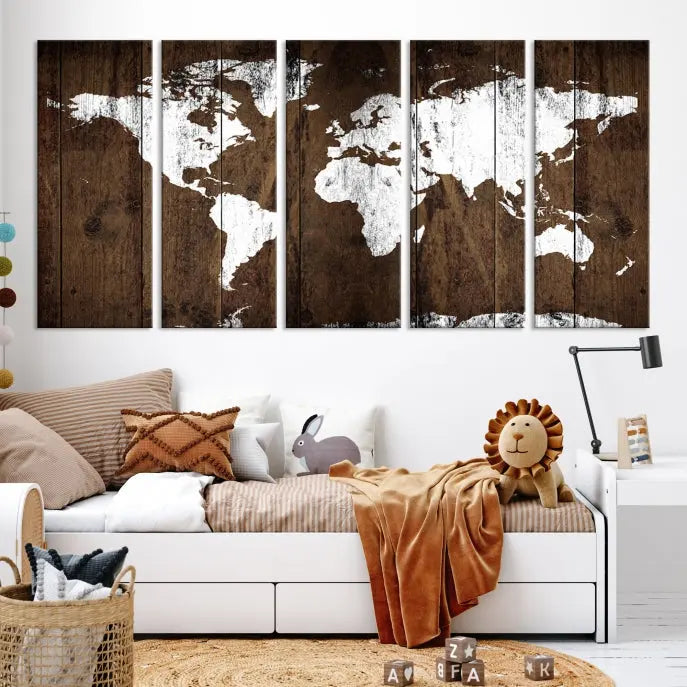 A striking wall art piece, the "Wall Art White World Map on Wooden Background Canvas Wall Art Print," adorns wooden panels. This expertly crafted triptych features a UV-protective coating for lasting vibrancy.