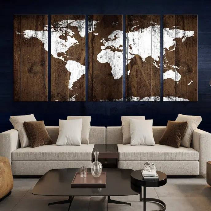 A striking wall art piece, the "Wall Art White World Map on Wooden Background Canvas Wall Art Print," adorns wooden panels. This expertly crafted triptych features a UV-protective coating for lasting vibrancy.