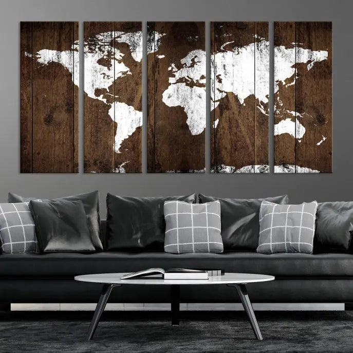 A striking wall art piece, the "Wall Art White World Map on Wooden Background Canvas Wall Art Print," adorns wooden panels. This expertly crafted triptych features a UV-protective coating for lasting vibrancy.