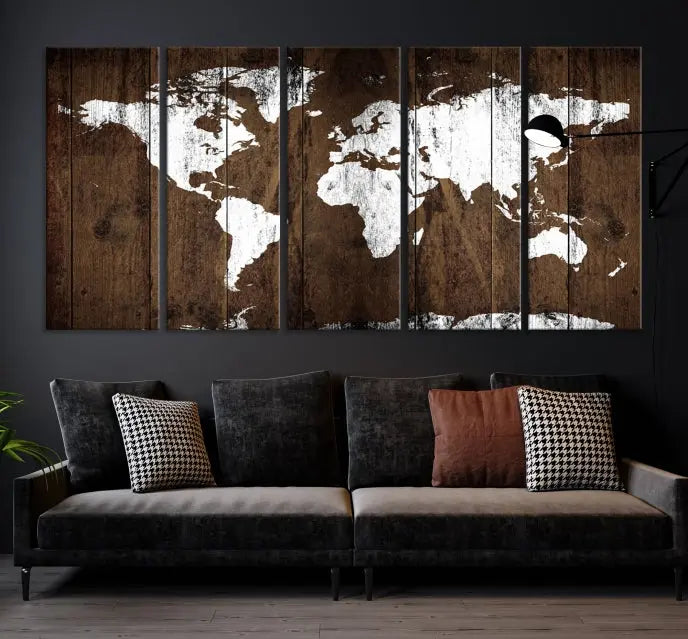 A striking wall art piece, the "Wall Art White World Map on Wooden Background Canvas Wall Art Print," adorns wooden panels. This expertly crafted triptych features a UV-protective coating for lasting vibrancy.