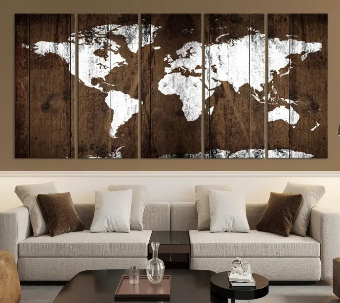 A striking wall art piece, the "Wall Art White World Map on Wooden Background Canvas Wall Art Print," adorns wooden panels. This expertly crafted triptych features a UV-protective coating for lasting vibrancy.