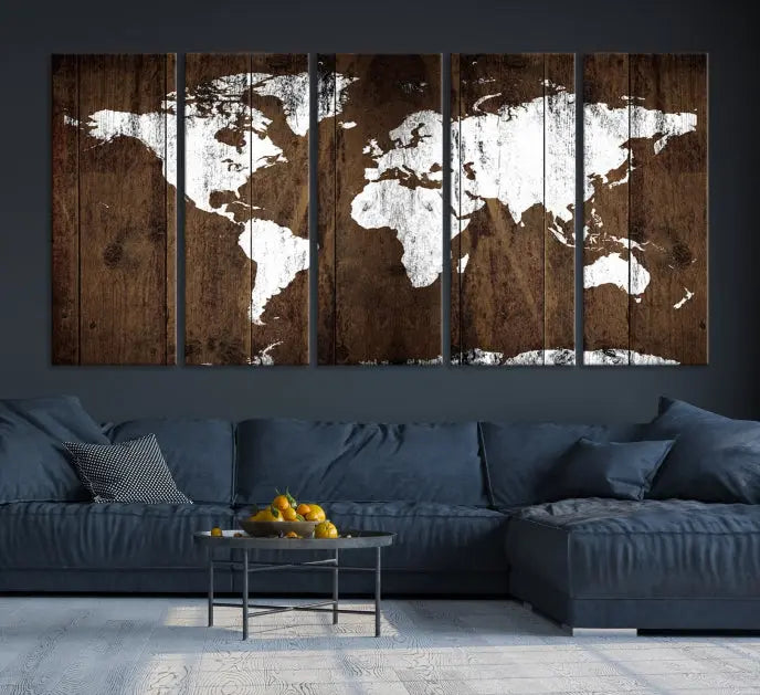 A striking wall art piece, the "Wall Art White World Map on Wooden Background Canvas Wall Art Print," adorns wooden panels. This expertly crafted triptych features a UV-protective coating for lasting vibrancy.