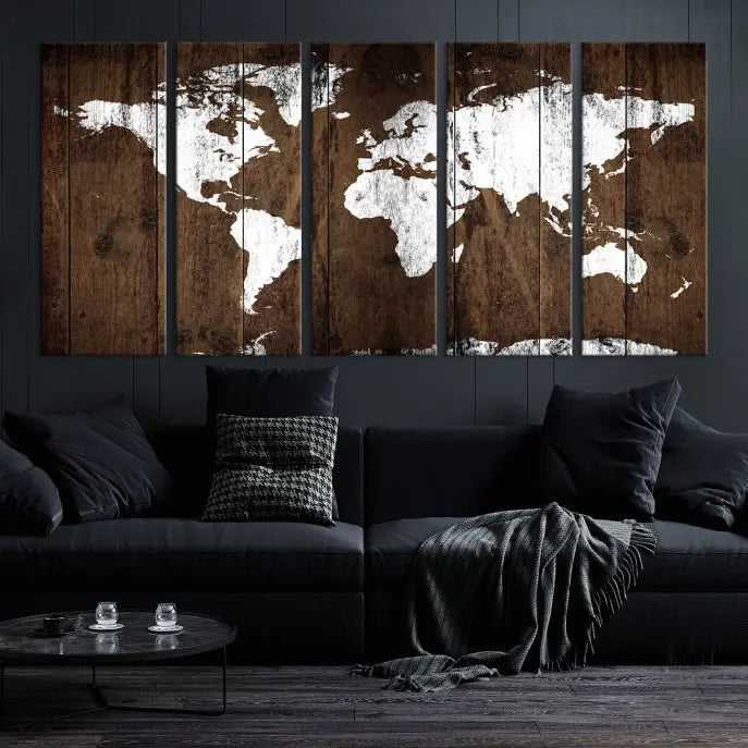 A striking wall art piece, the "Wall Art White World Map on Wooden Background Canvas Wall Art Print," adorns wooden panels. This expertly crafted triptych features a UV-protective coating for lasting vibrancy.