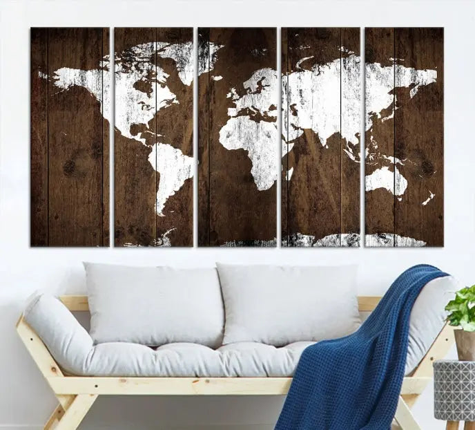 A striking wall art piece, the "Wall Art White World Map on Wooden Background Canvas Wall Art Print," adorns wooden panels. This expertly crafted triptych features a UV-protective coating for lasting vibrancy.