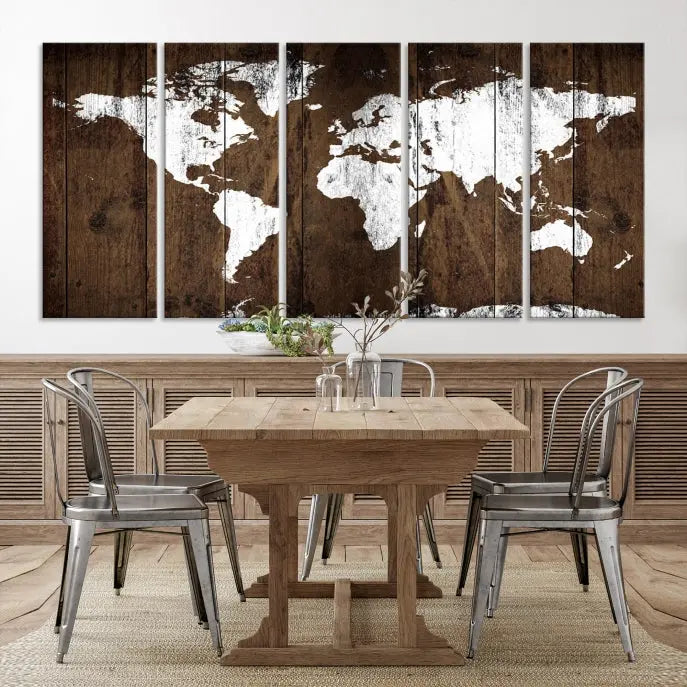 A striking wall art piece, the "Wall Art White World Map on Wooden Background Canvas Wall Art Print," adorns wooden panels. This expertly crafted triptych features a UV-protective coating for lasting vibrancy.