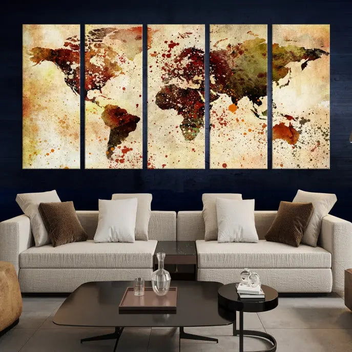 A Wall Art World Map Canvas Print hangs prominently, showcasing a five-panel artwork gallery wrapped on museum-quality polycotton canvas. The piece features abstract paint splatters and is protected with a UV coating to ensure its vibrancy for years to come.