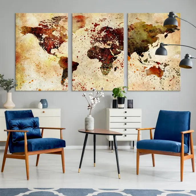 A Wall Art World Map Canvas Print hangs prominently, showcasing a five-panel artwork gallery wrapped on museum-quality polycotton canvas. The piece features abstract paint splatters and is protected with a UV coating to ensure its vibrancy for years to come.