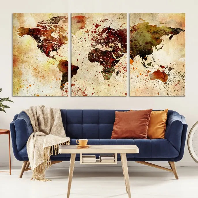 A Wall Art World Map Canvas Print hangs prominently, showcasing a five-panel artwork gallery wrapped on museum-quality polycotton canvas. The piece features abstract paint splatters and is protected with a UV coating to ensure its vibrancy for years to come.