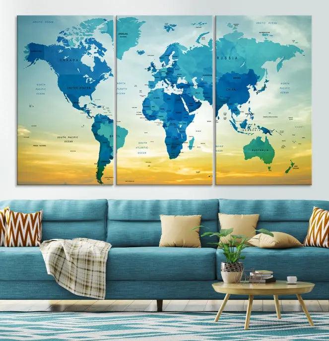 The Wall Art World Map Canvas Print, complete with a UV-protective coating, beautifully adorns the living room wall.