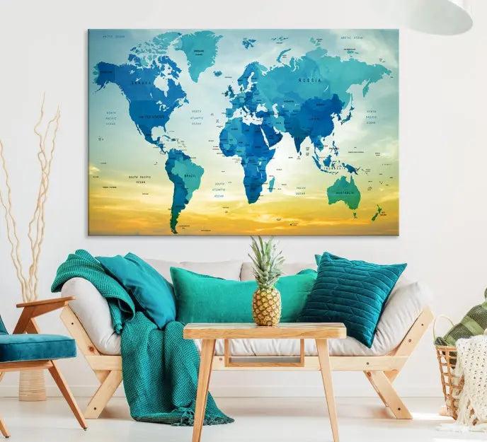 The Wall Art World Map Canvas Print, complete with a UV-protective coating, beautifully adorns the living room wall.