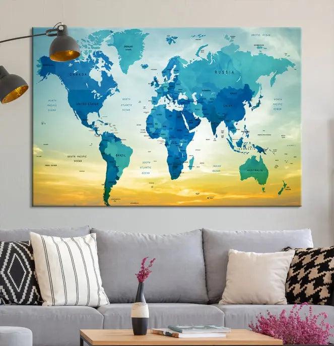 The Wall Art World Map Canvas Print, complete with a UV-protective coating, beautifully adorns the living room wall.