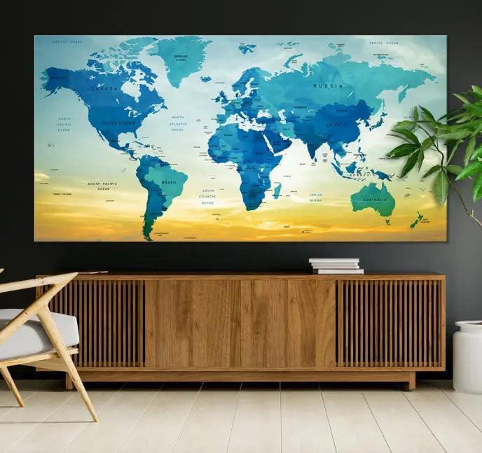 The Wall Art World Map Canvas Print, complete with a UV-protective coating, beautifully adorns the living room wall.