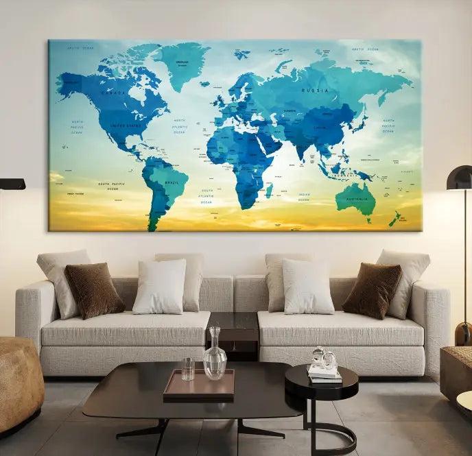 The Wall Art World Map Canvas Print, complete with a UV-protective coating, beautifully adorns the living room wall.