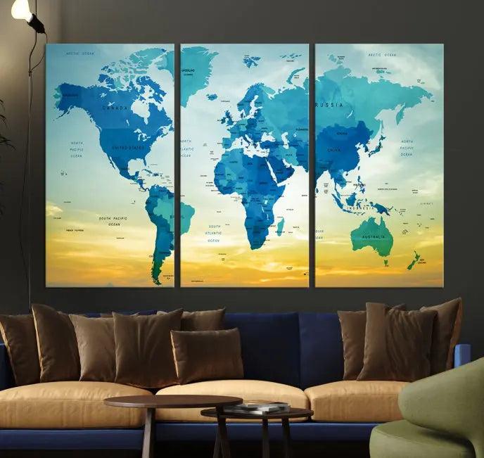 The Wall Art World Map Canvas Print, complete with a UV-protective coating, beautifully adorns the living room wall.