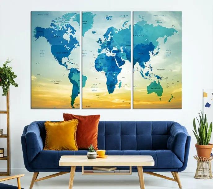 The Wall Art World Map Canvas Print, complete with a UV-protective coating, beautifully adorns the living room wall.