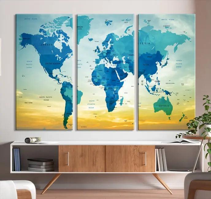 The Wall Art World Map Canvas Print, complete with a UV-protective coating, beautifully adorns the living room wall.