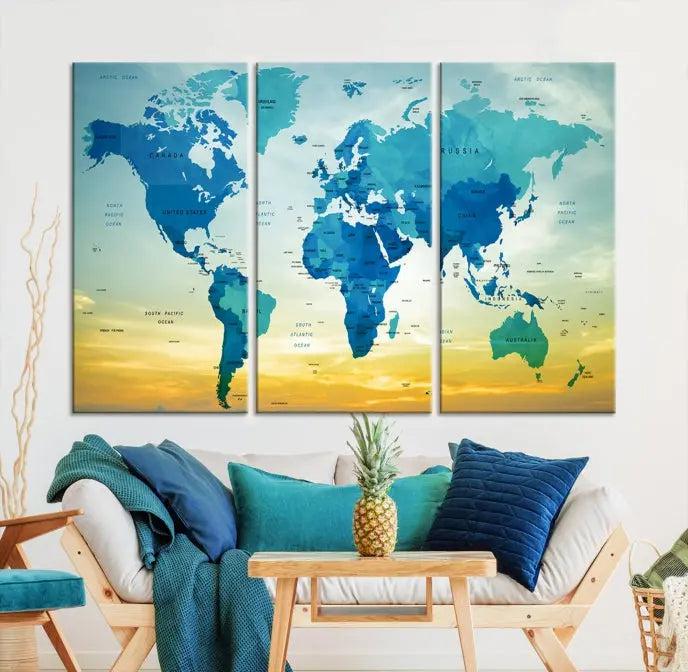 The Wall Art World Map Canvas Print, complete with a UV-protective coating, beautifully adorns the living room wall.