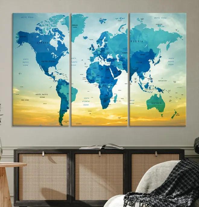 The Wall Art World Map Canvas Print, complete with a UV-protective coating, beautifully adorns the living room wall.