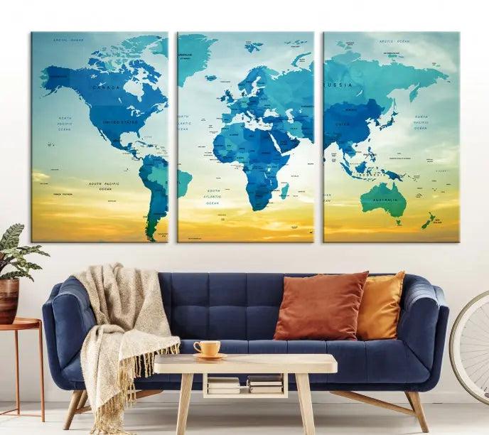 The Wall Art World Map Canvas Print, complete with a UV-protective coating, beautifully adorns the living room wall.