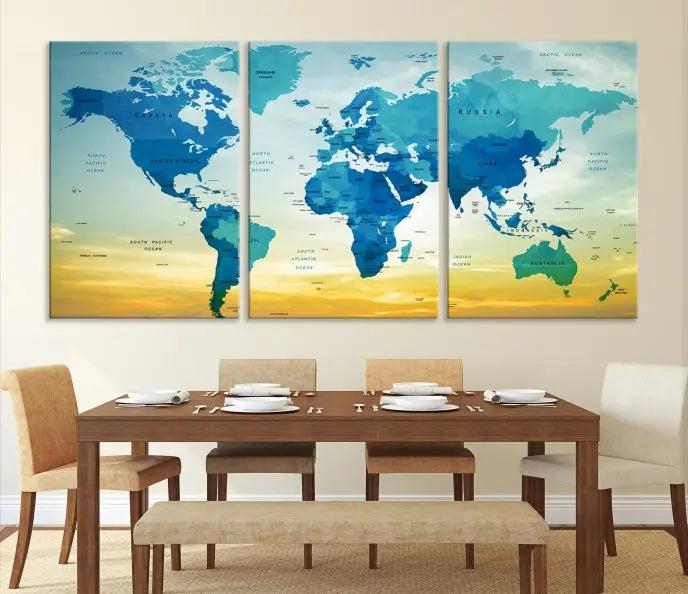 The Wall Art World Map Canvas Print, complete with a UV-protective coating, beautifully adorns the living room wall.