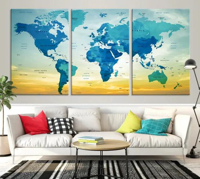 The Wall Art World Map Canvas Print, complete with a UV-protective coating, beautifully adorns the living room wall.