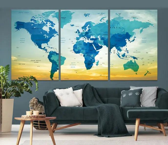 The Wall Art World Map Canvas Print, complete with a UV-protective coating, beautifully adorns the living room wall.