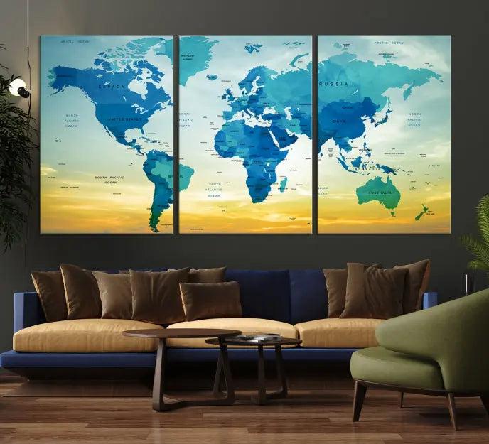 The Wall Art World Map Canvas Print, complete with a UV-protective coating, beautifully adorns the living room wall.