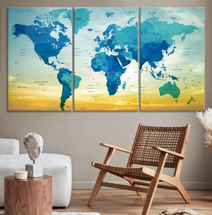 The Wall Art World Map Canvas Print, complete with a UV-protective coating, beautifully adorns the living room wall.