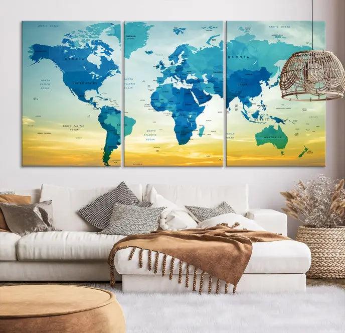 The Wall Art World Map Canvas Print, complete with a UV-protective coating, beautifully adorns the living room wall.