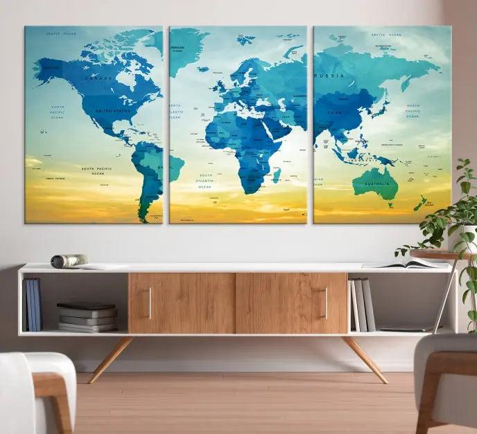 The Wall Art World Map Canvas Print, complete with a UV-protective coating, beautifully adorns the living room wall.