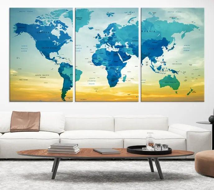 The Wall Art World Map Canvas Print, complete with a UV-protective coating, beautifully adorns the living room wall.