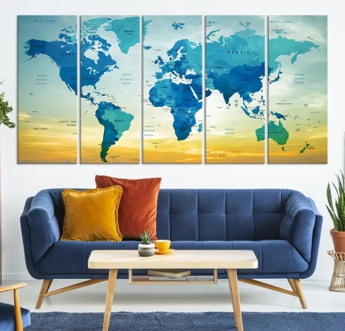 The Wall Art World Map Canvas Print, complete with a UV-protective coating, beautifully adorns the living room wall.