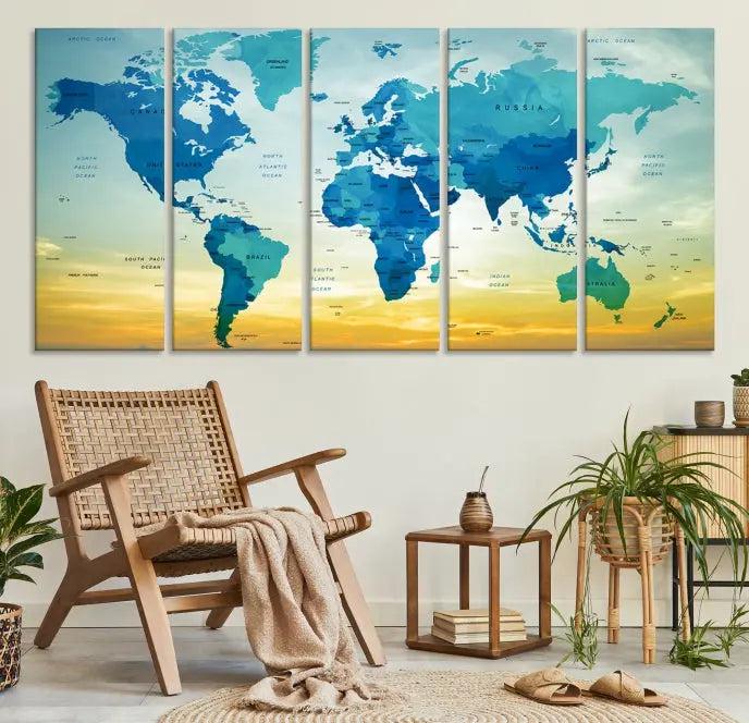 The Wall Art World Map Canvas Print, complete with a UV-protective coating, beautifully adorns the living room wall.